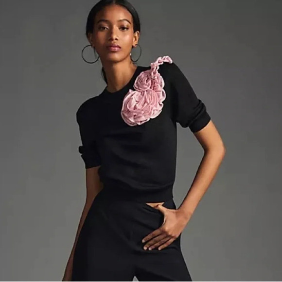 Anthropologie Maeve  Black  Floral Applique Sweater - Picture 1 of 7